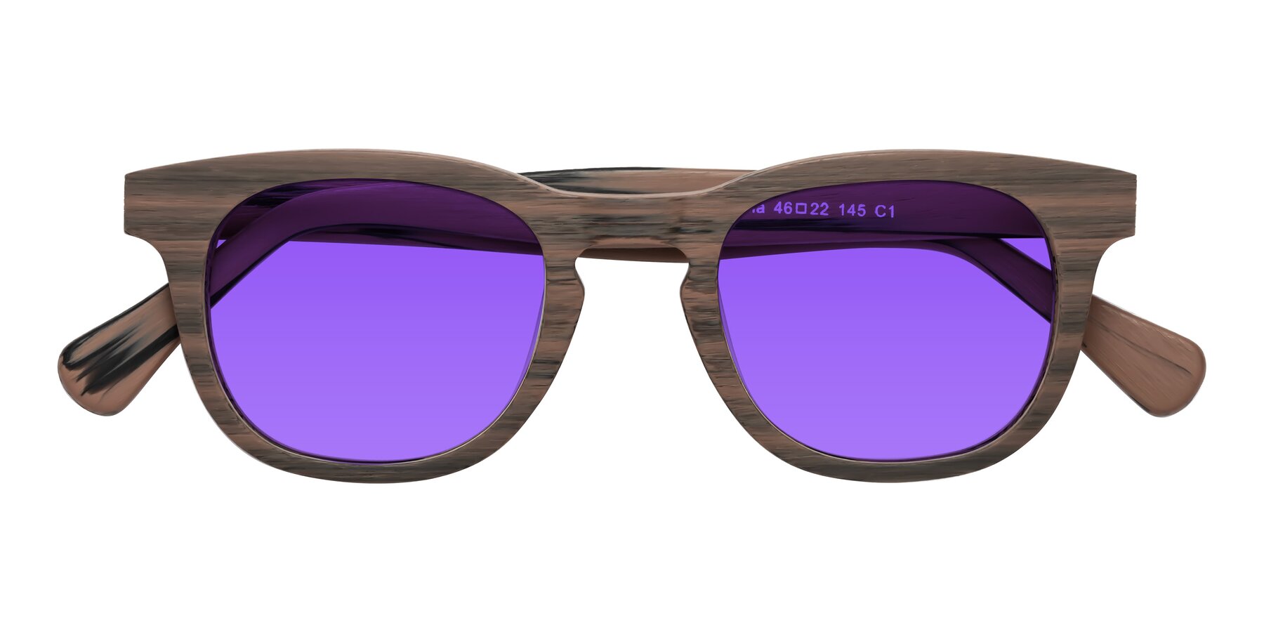 Folded Front of Tonia in Burnt Tan Woodgrain with Purple Tinted Lenses