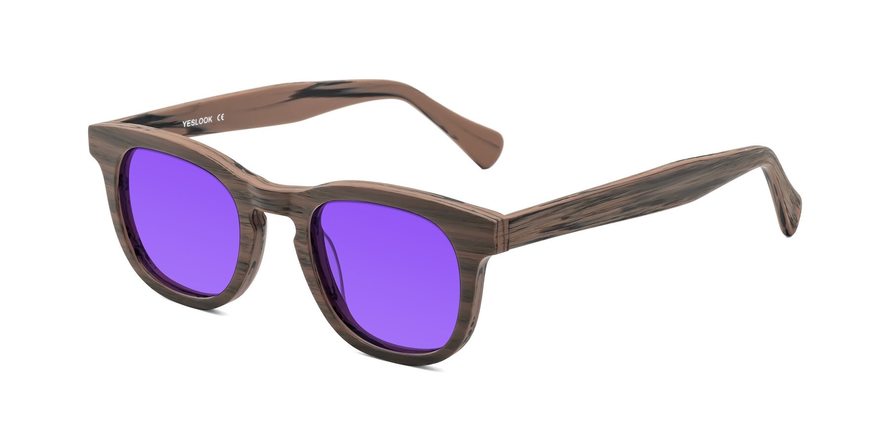 Angle of Tonia in Burnt Tan Woodgrain with Purple Tinted Lenses