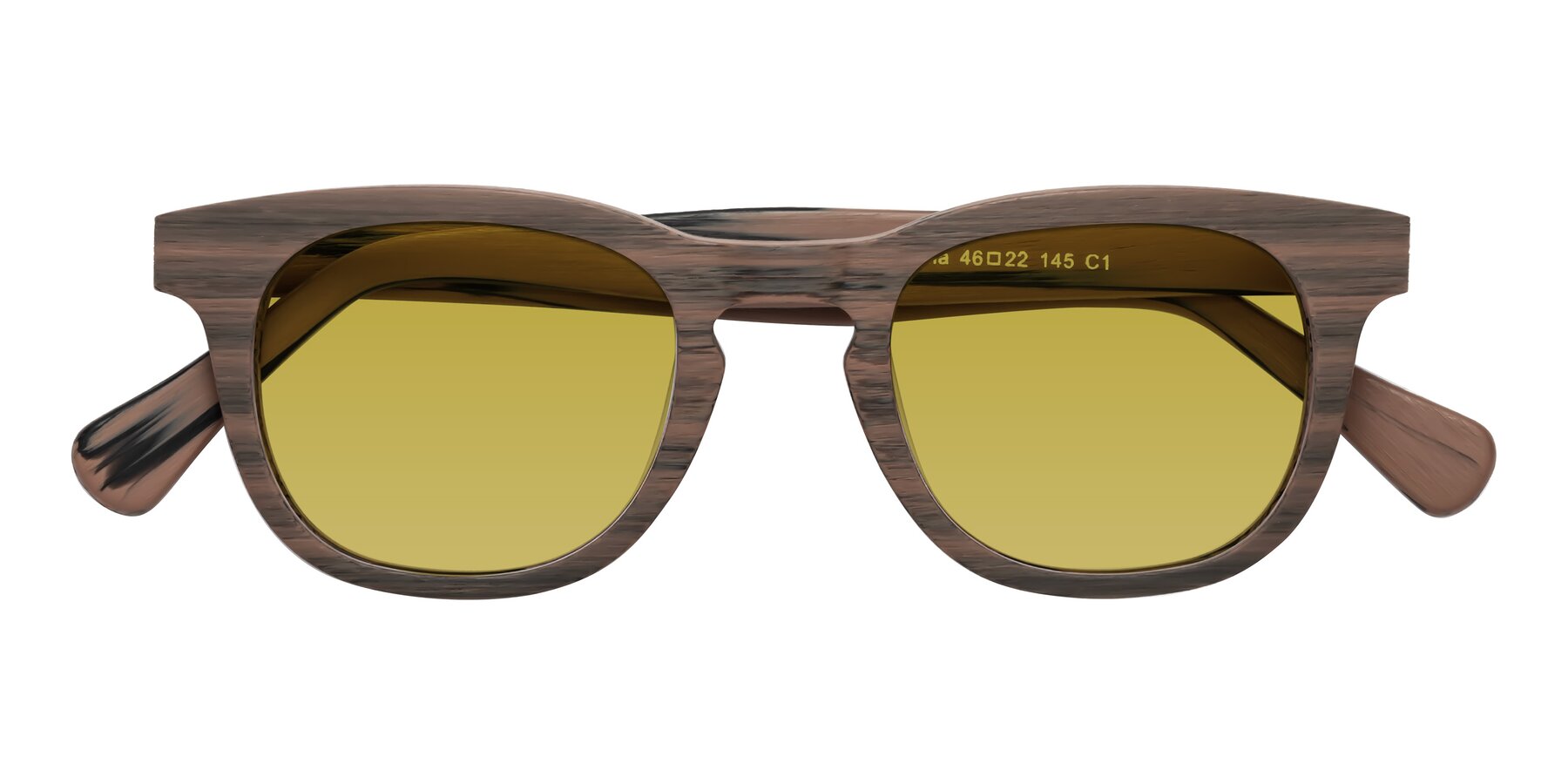 Folded Front of Tonia in Burnt Tan Woodgrain with Champagne Tinted Lenses