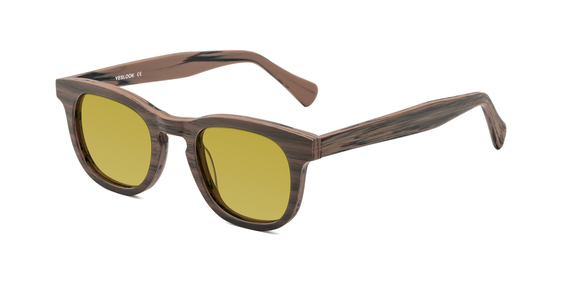 Angle of Tonia in Burnt Tan Woodgrain with Champagne Tinted Lenses