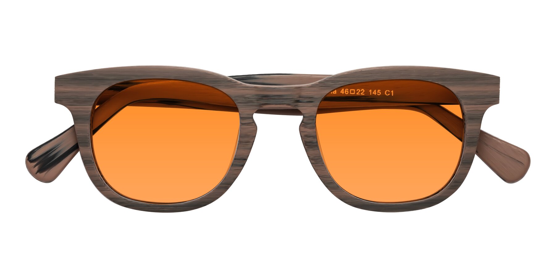 Folded Front of Tonia in Burnt Tan Woodgrain with Orange Tinted Lenses