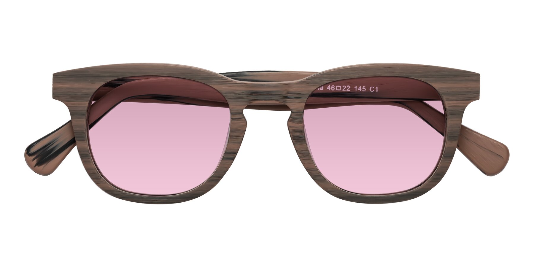 Folded Front of Tonia in Burnt Tan Woodgrain with Light Wine Tinted Lenses