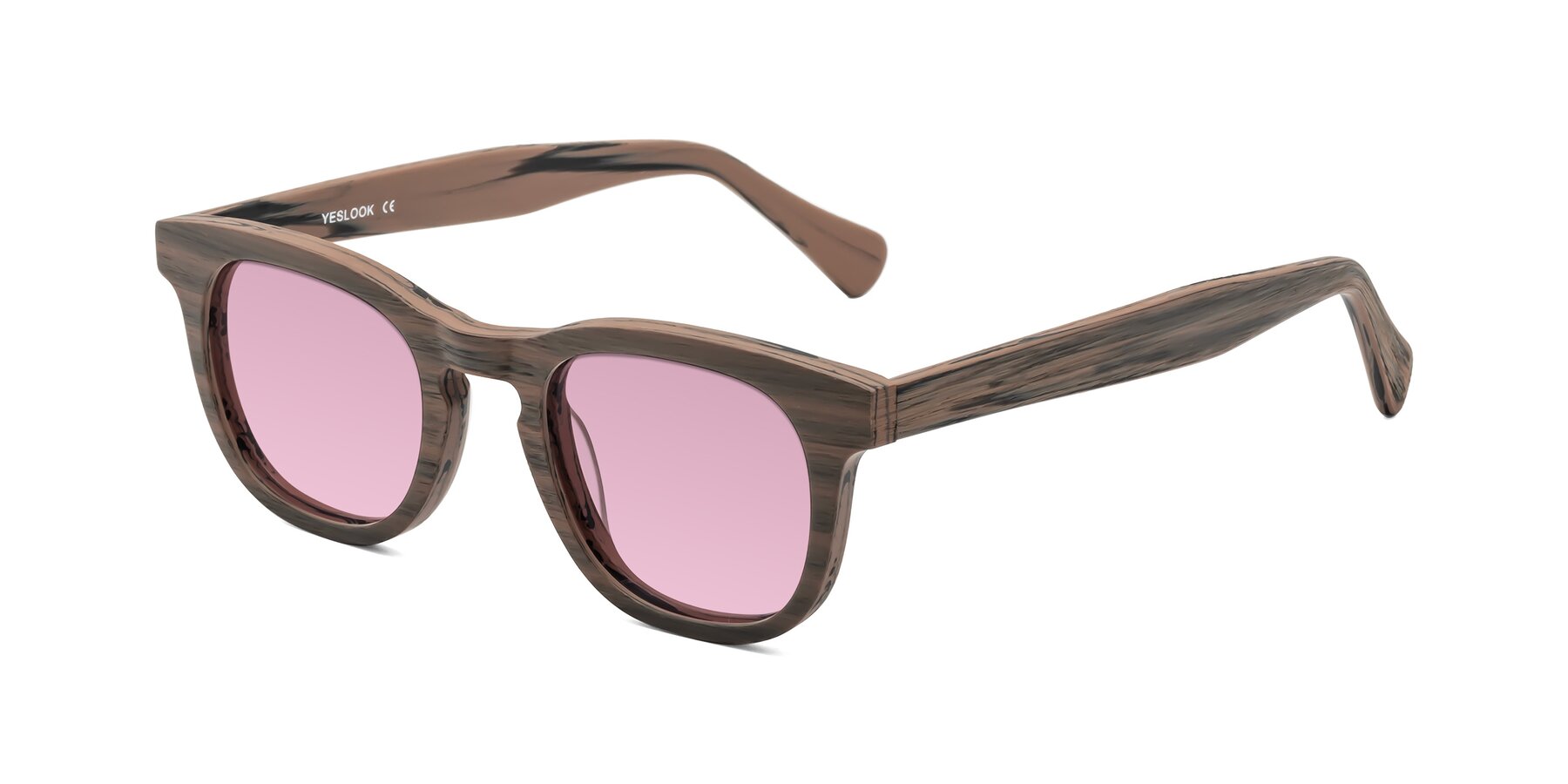 Angle of Tonia in Burnt Tan Woodgrain with Light Wine Tinted Lenses