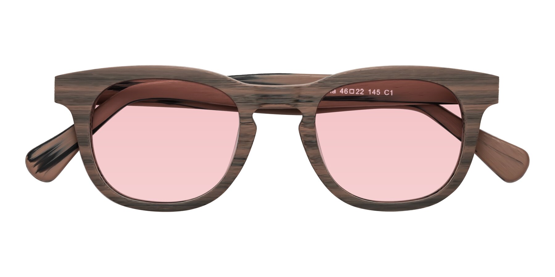 Folded Front of Tonia in Burnt Tan Woodgrain with Light Garnet Tinted Lenses