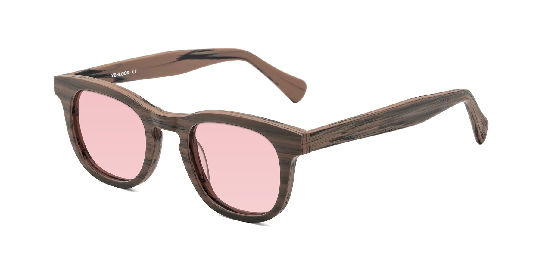 Angle of Tonia in Burnt Tan Woodgrain with Light Garnet Tinted Lenses