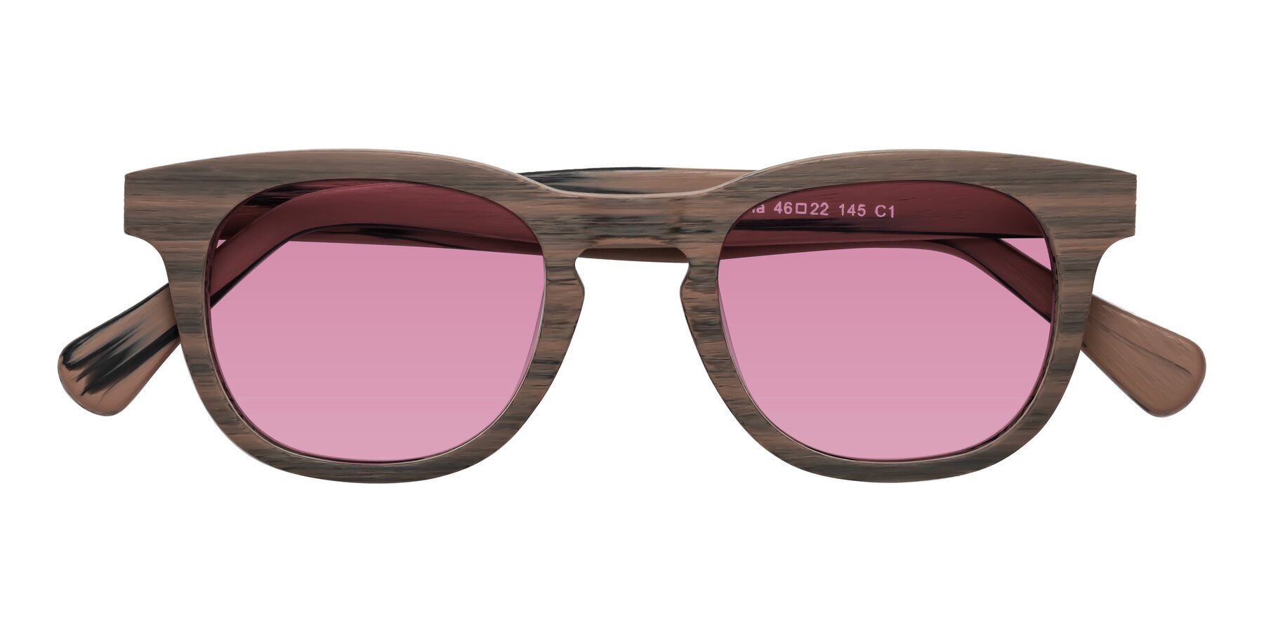 Folded Front of Tonia in Burnt Tan Woodgrain with Medium Wine Tinted Lenses