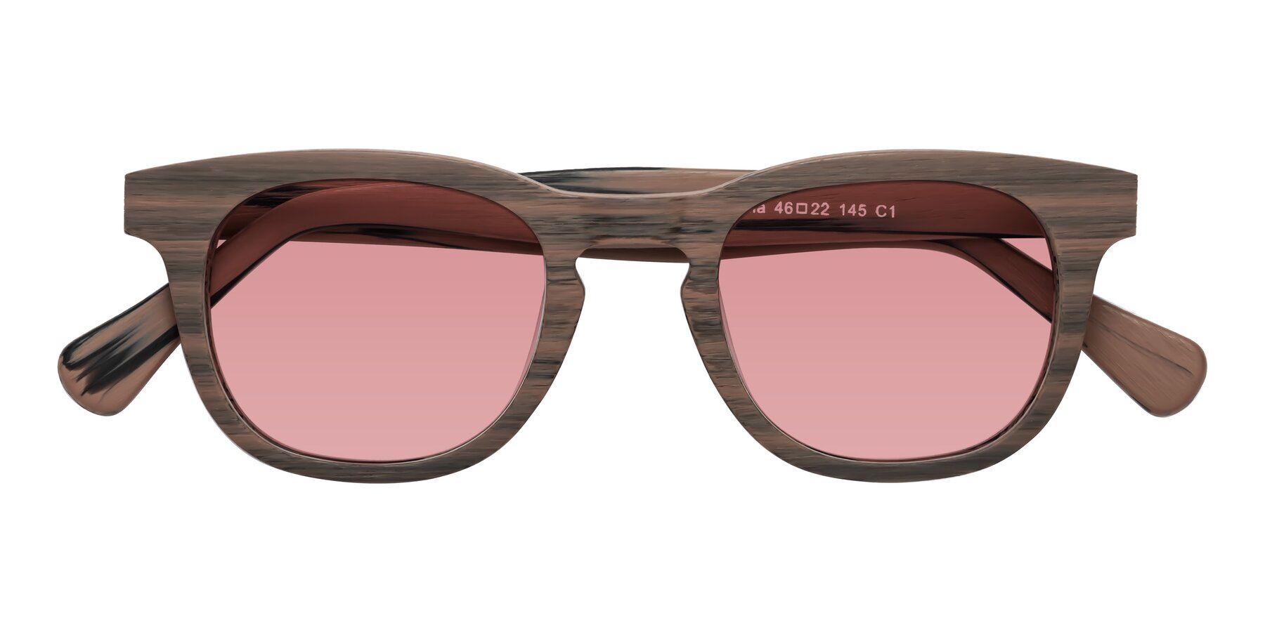 Folded Front of Tonia in Burnt Tan Woodgrain with Medium Garnet Tinted Lenses