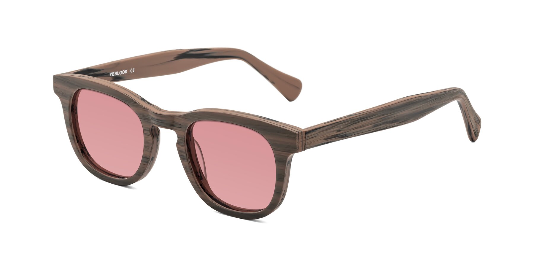 Angle of Tonia in Burnt Tan Woodgrain with Medium Garnet Tinted Lenses