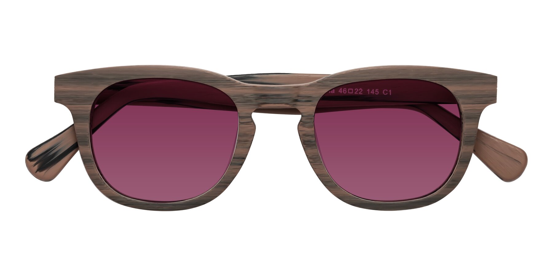 Folded Front of Tonia in Burnt Tan Woodgrain with Wine Tinted Lenses