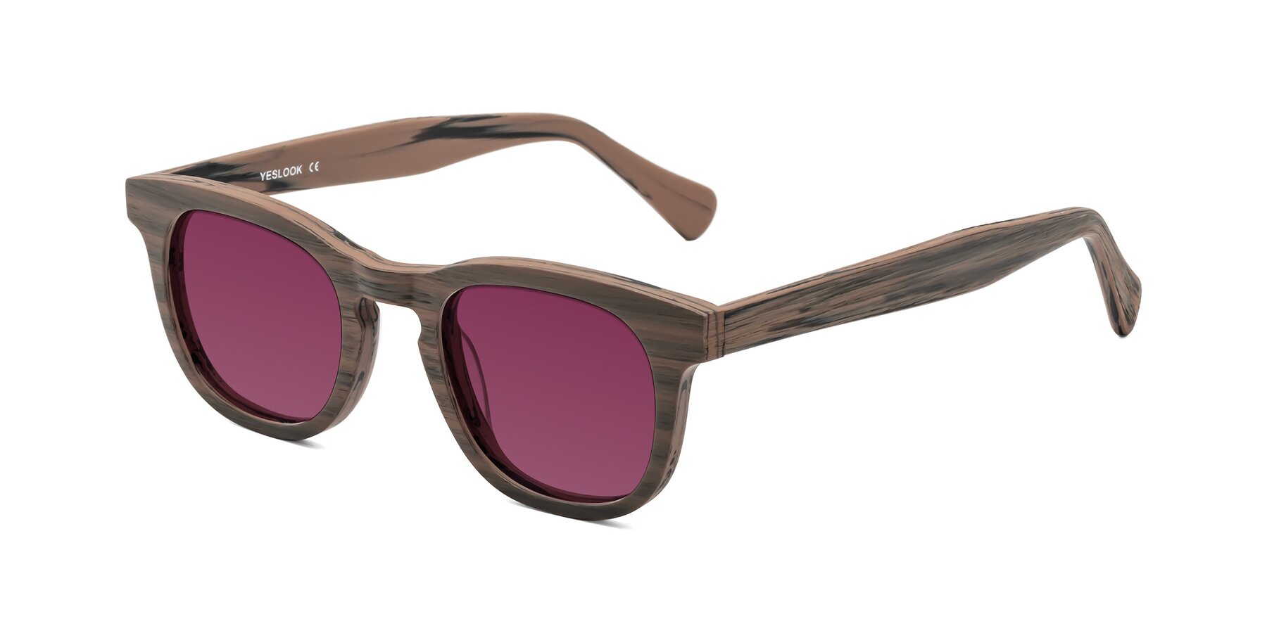 Angle of Tonia in Burnt Tan Woodgrain with Wine Tinted Lenses