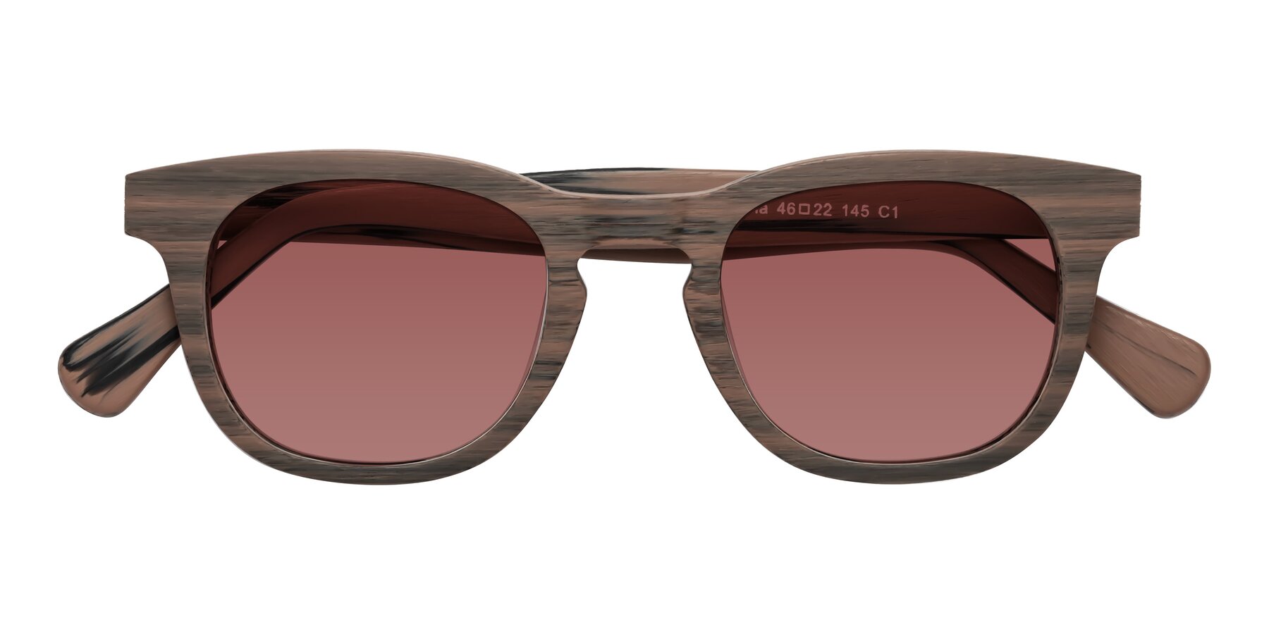 Folded Front of Tonia in Burnt Tan Woodgrain with Garnet Tinted Lenses