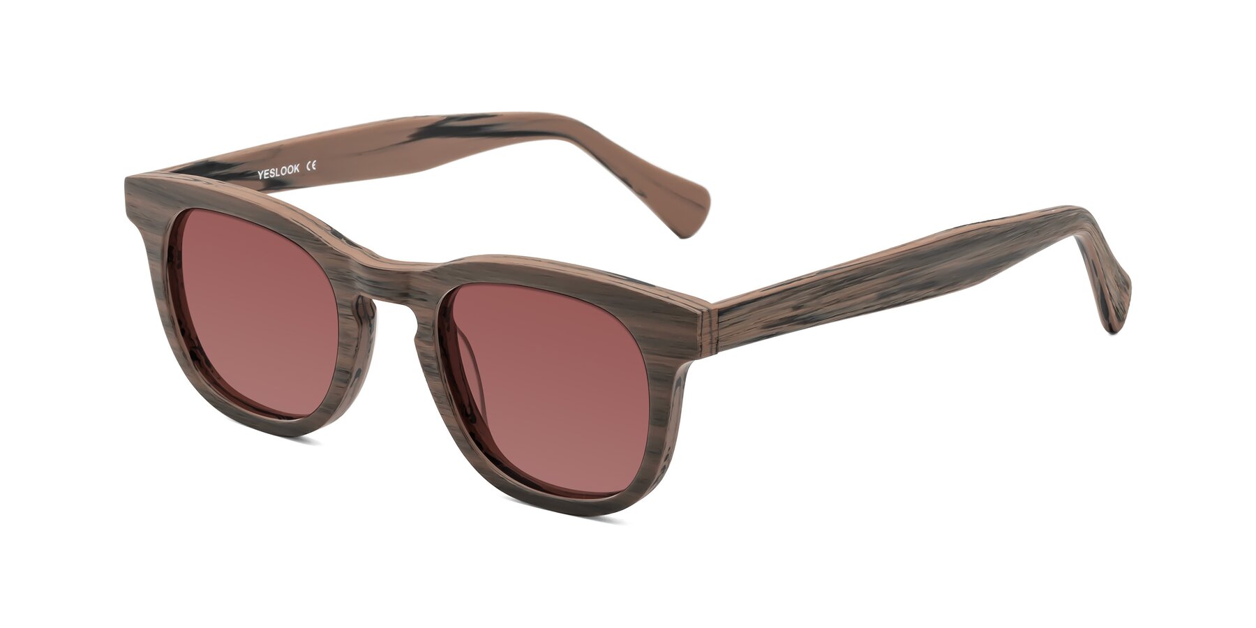 Angle of Tonia in Burnt Tan Woodgrain with Garnet Tinted Lenses