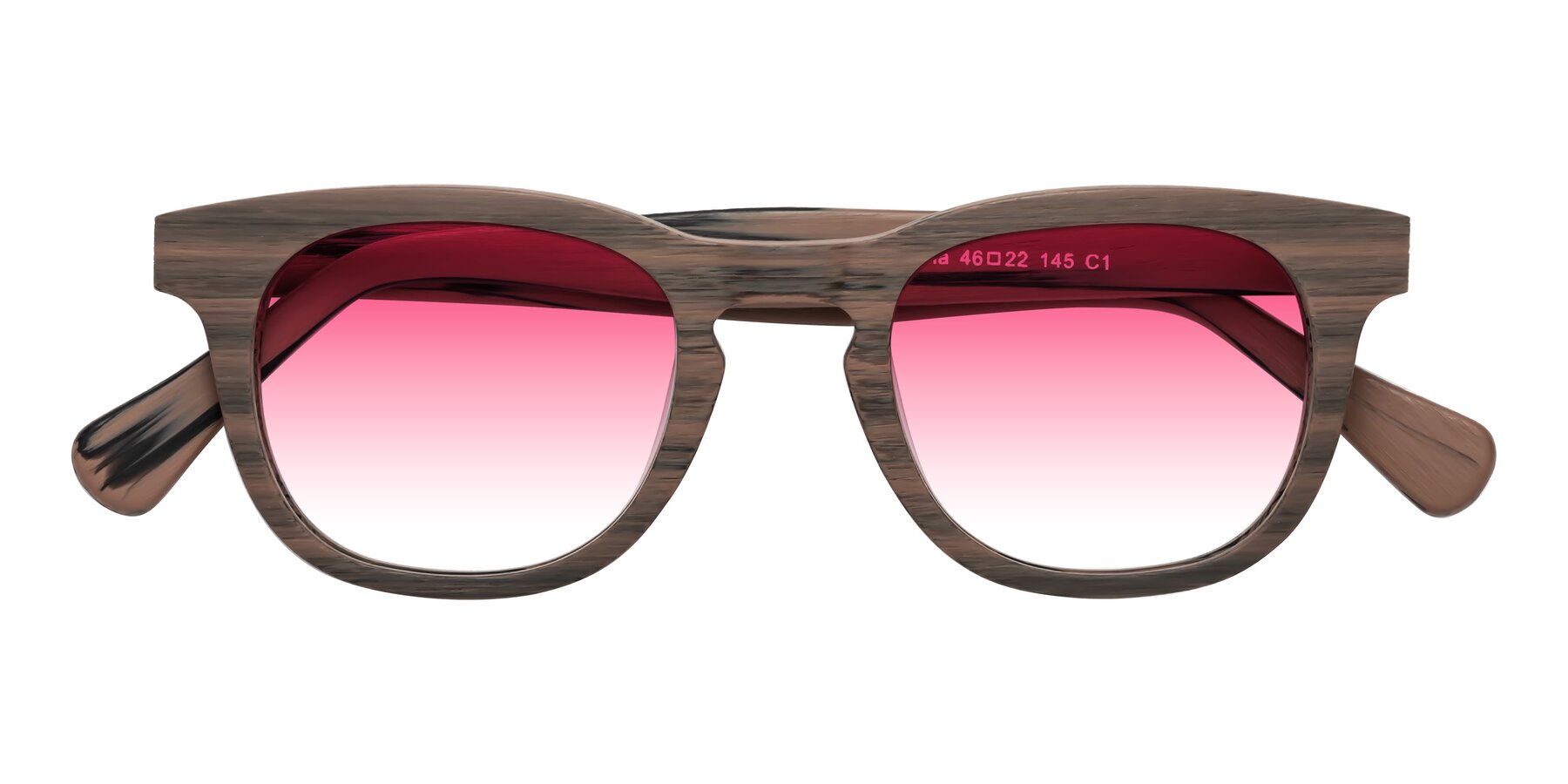 Folded Front of Tonia in Burnt Tan Woodgrain with Pink Gradient Lenses