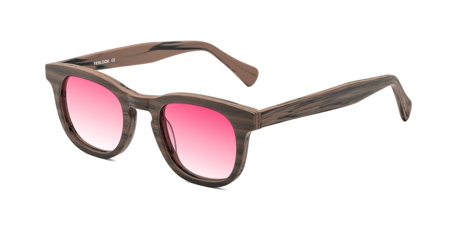 Angle of Tonia in Burnt Tan Woodgrain with Pink Gradient Lenses