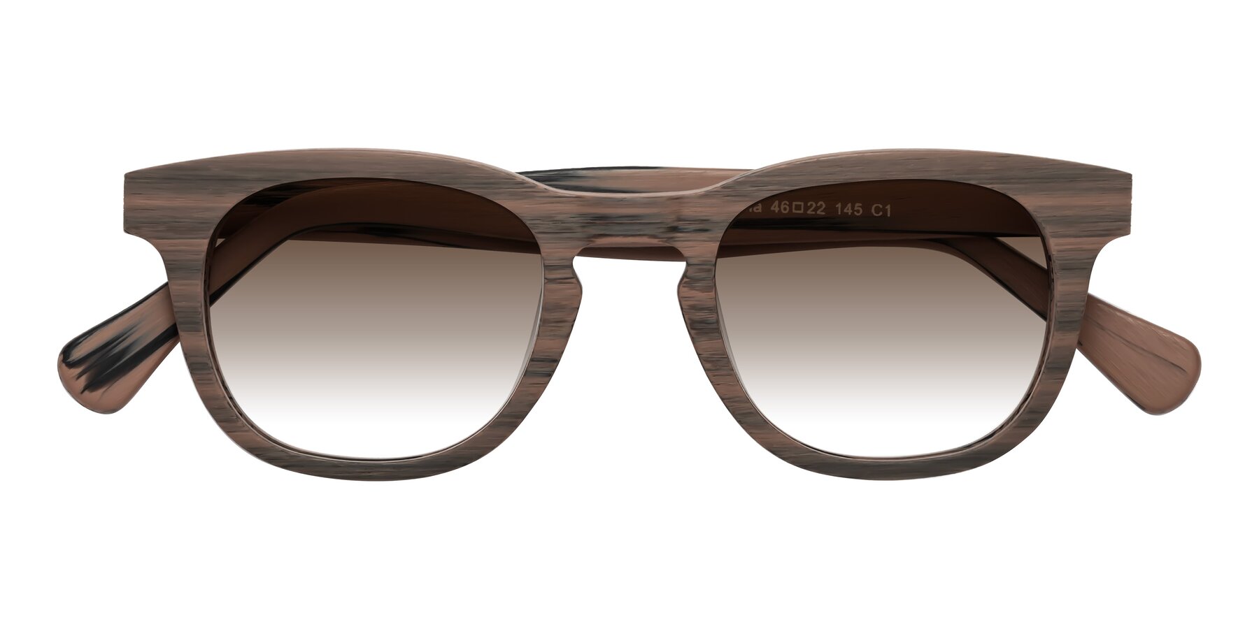 Folded Front of Tonia in Burnt Tan Woodgrain with Brown Gradient Lenses