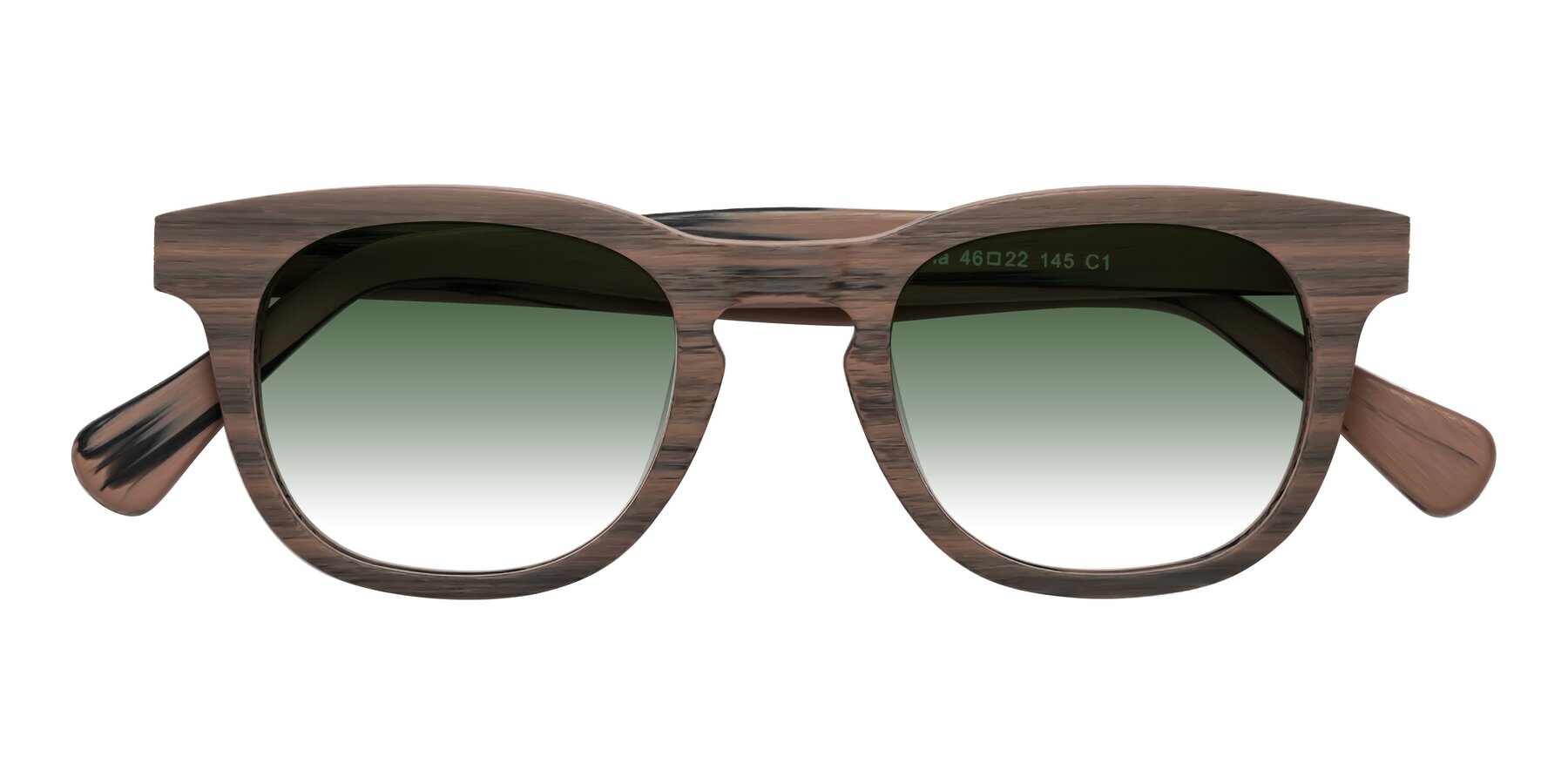 Folded Front of Tonia in Burnt Tan Woodgrain with Green Gradient Lenses