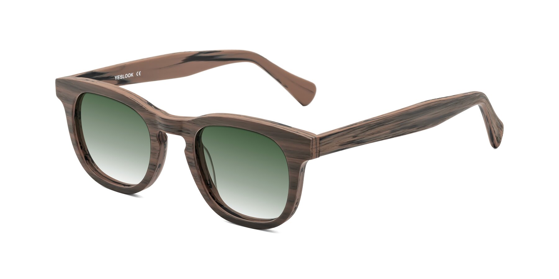 Angle of Tonia in Burnt Tan Woodgrain with Green Gradient Lenses