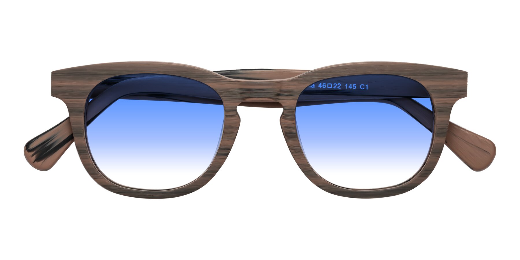 Folded Front of Tonia in Burnt Tan Woodgrain with Blue Gradient Lenses