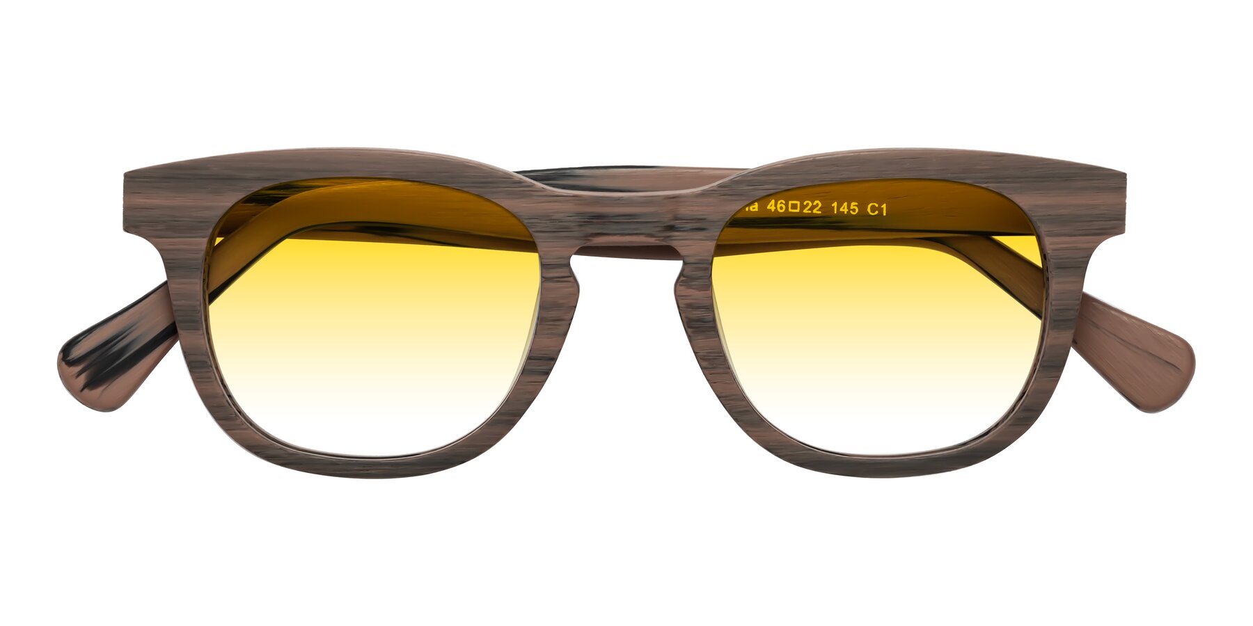 Folded Front of Tonia in Burnt Tan Woodgrain with Yellow Gradient Lenses