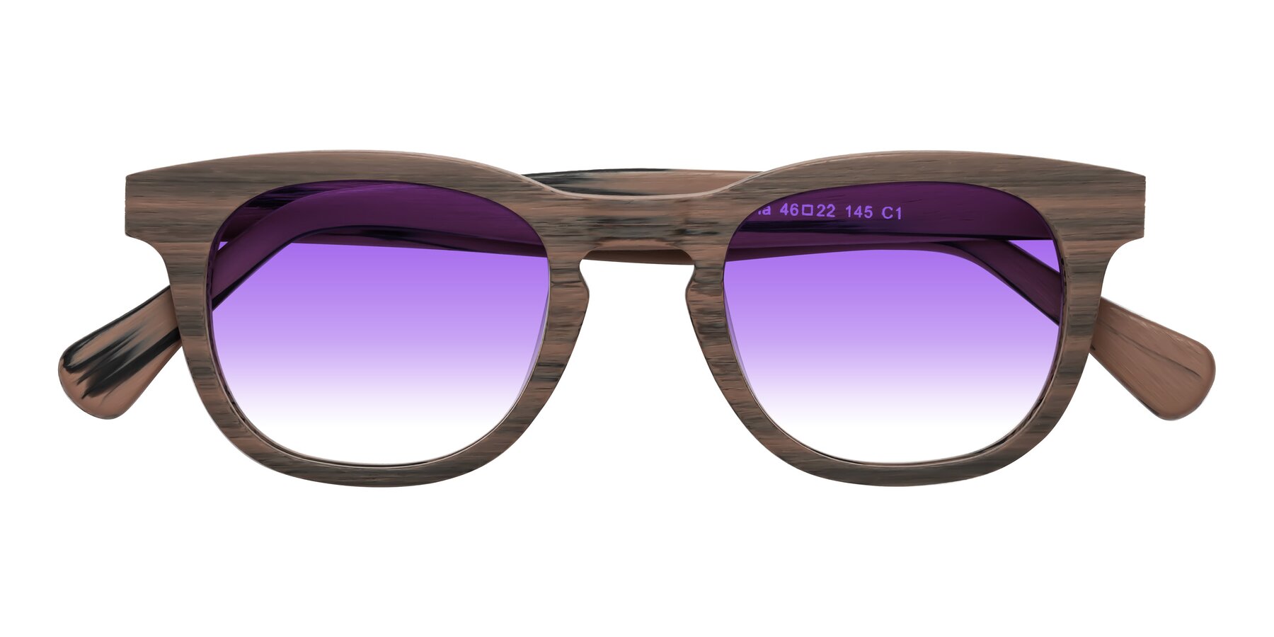 Folded Front of Tonia in Burnt Tan Woodgrain with Purple Gradient Lenses