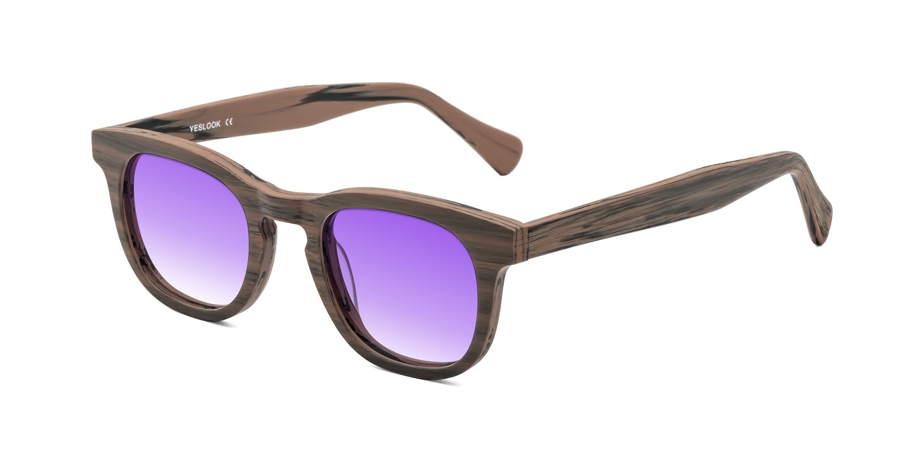 Angle of Tonia in Burnt Tan Woodgrain with Purple Gradient Lenses