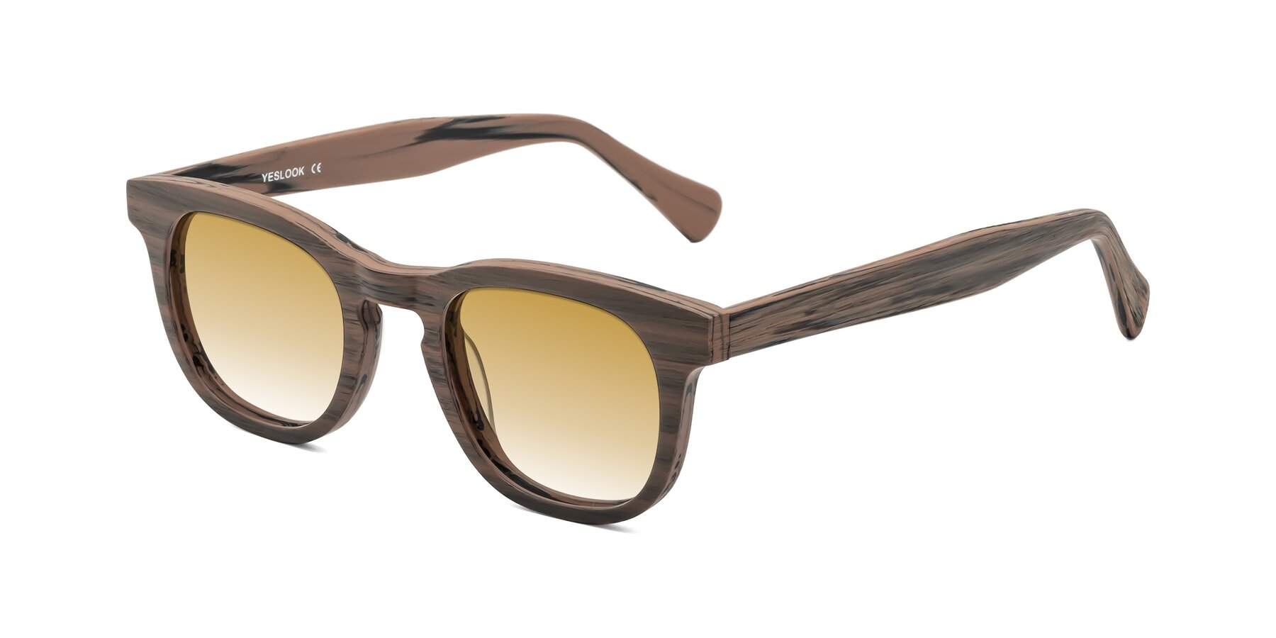 Angle of Tonia in Burnt Tan Woodgrain with Champagne Gradient Lenses