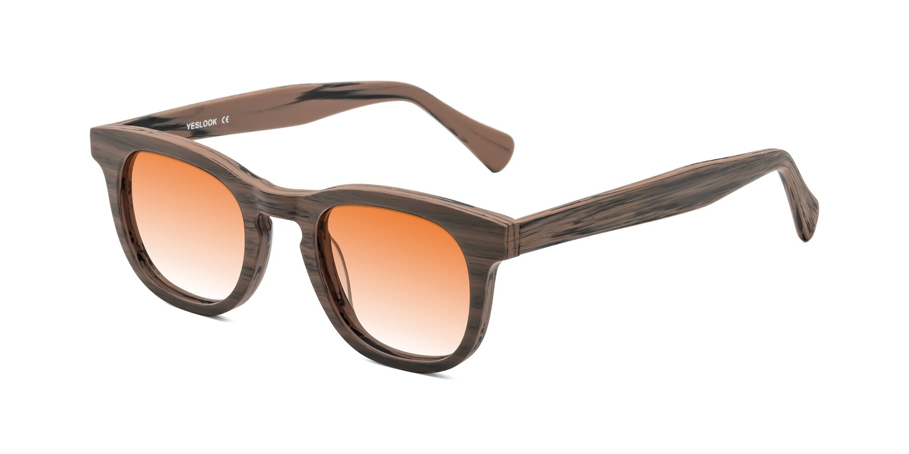 Angle of Tonia in Burnt Tan Woodgrain with Orange Gradient Lenses