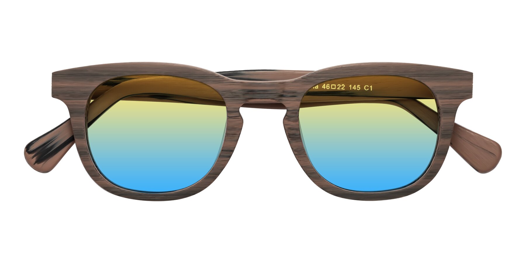 Folded Front of Tonia in Burnt Tan Woodgrain with Yellow / Blue Gradient Lenses