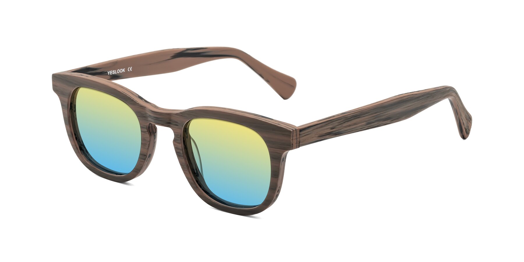 Angle of Tonia in Burnt Tan Woodgrain with Yellow / Blue Gradient Lenses