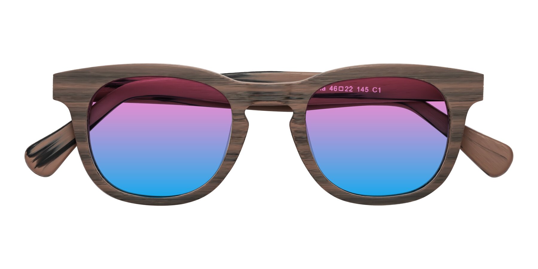 Folded Front of Tonia in Burnt Tan Woodgrain with Pink / Blue Gradient Lenses