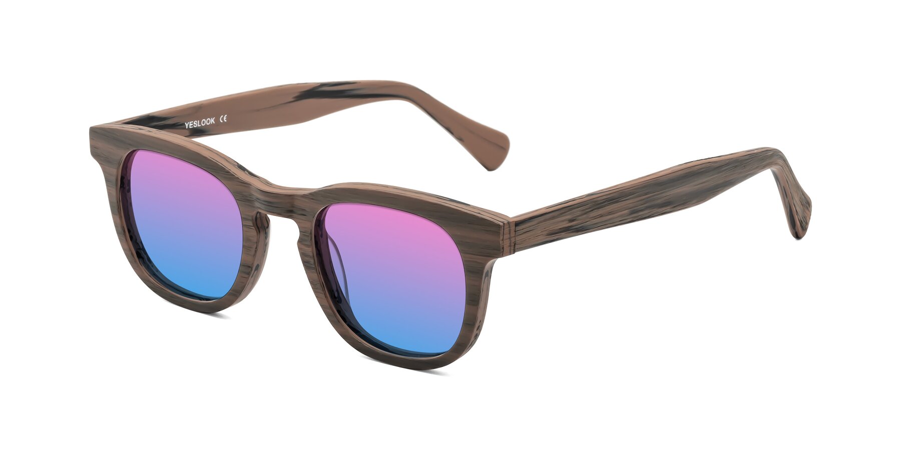 Angle of Tonia in Burnt Tan Woodgrain with Pink / Blue Gradient Lenses