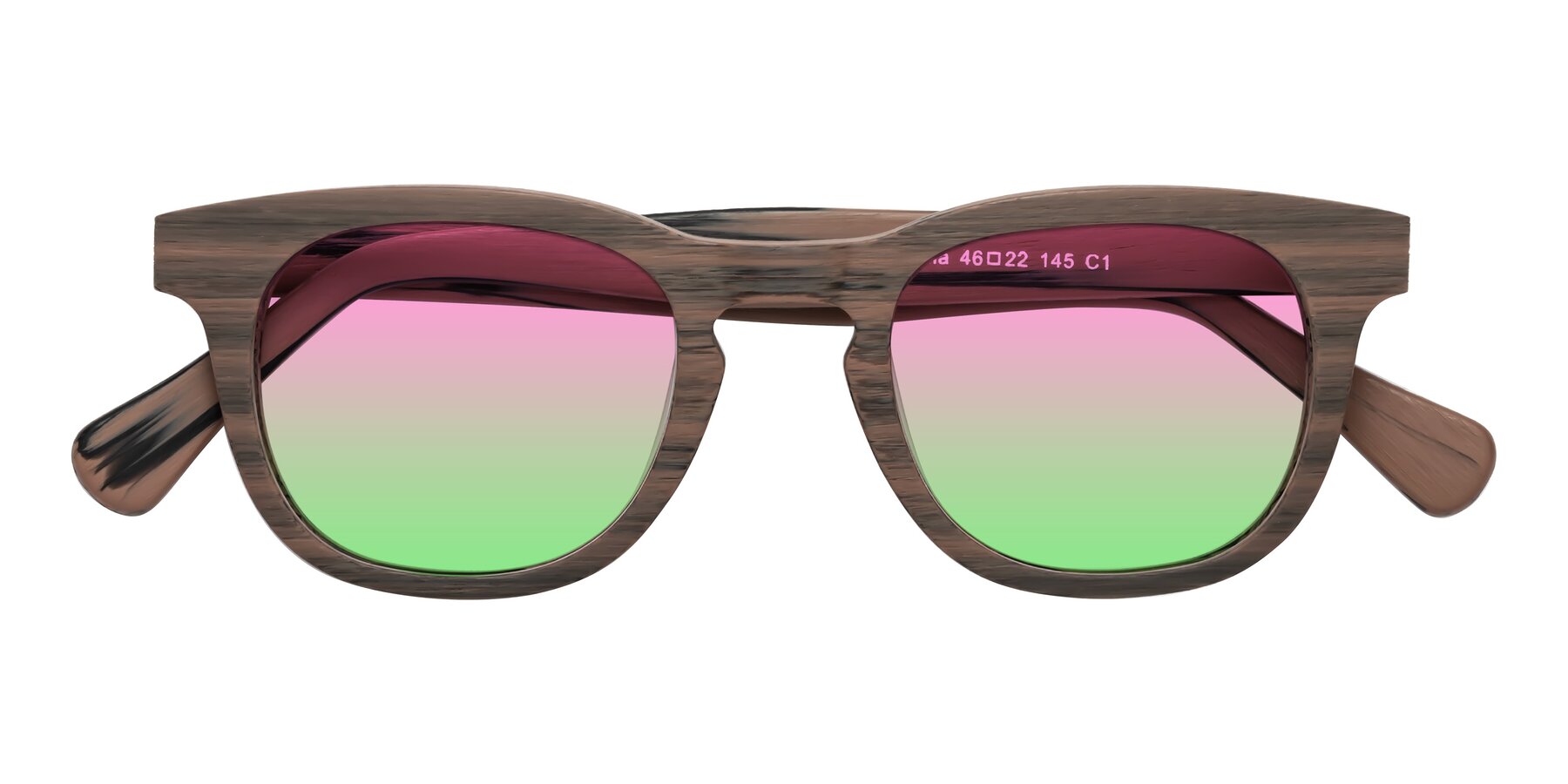 Folded Front of Tonia in Burnt Tan Woodgrain with Pink / Green Gradient Lenses