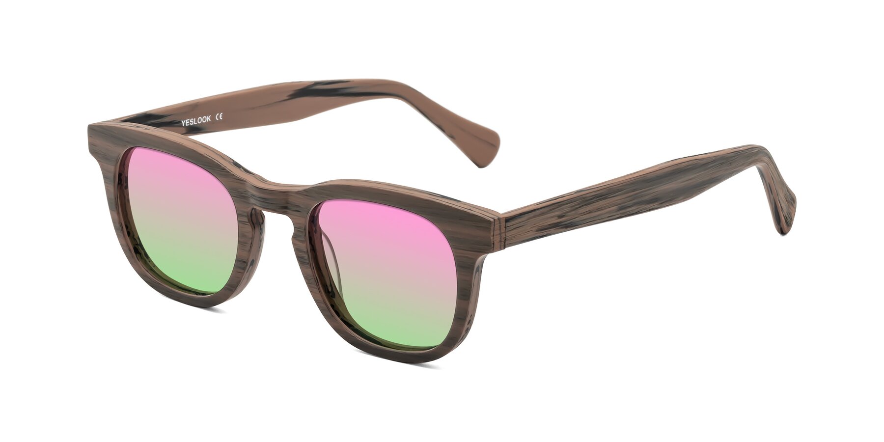 Angle of Tonia in Burnt Tan Woodgrain with Pink / Green Gradient Lenses