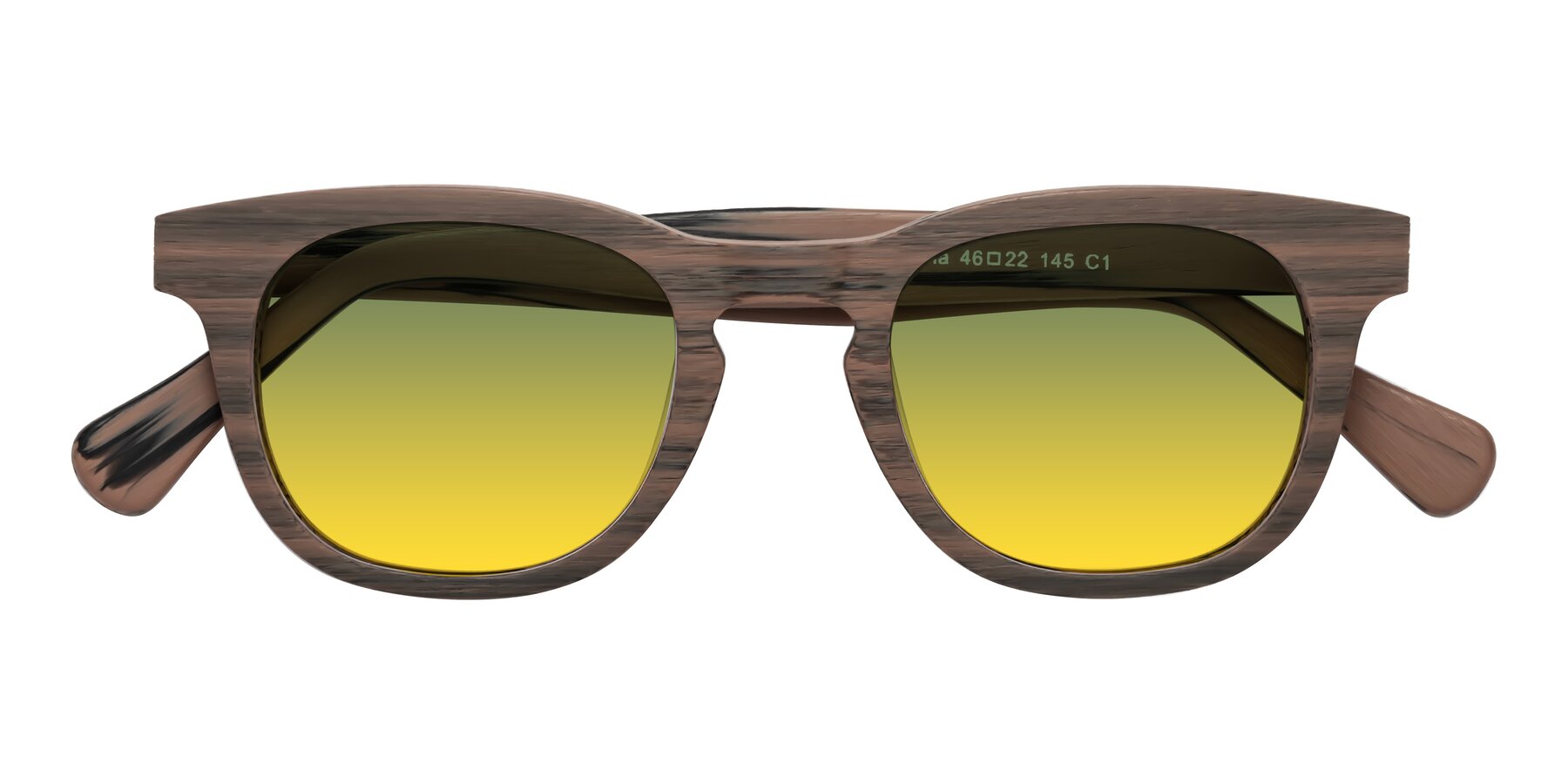 Folded Front of Tonia in Burnt Tan Woodgrain with Green / Yellow Gradient Lenses