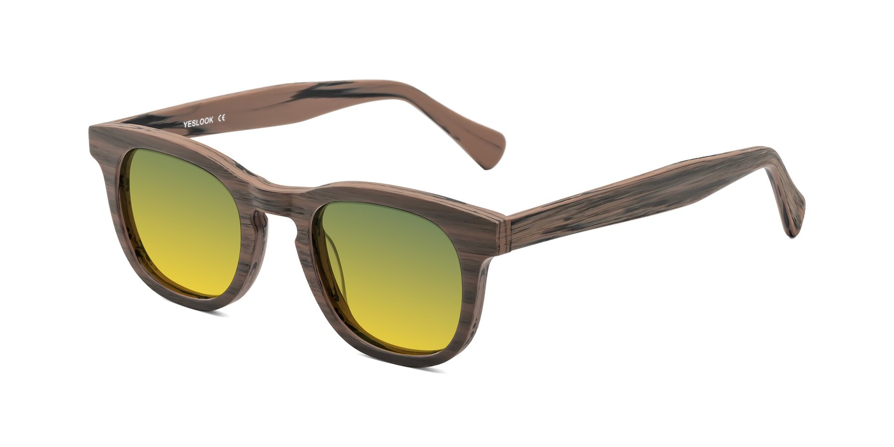 Angle of Tonia in Burnt Tan Woodgrain with Green / Yellow Gradient Lenses