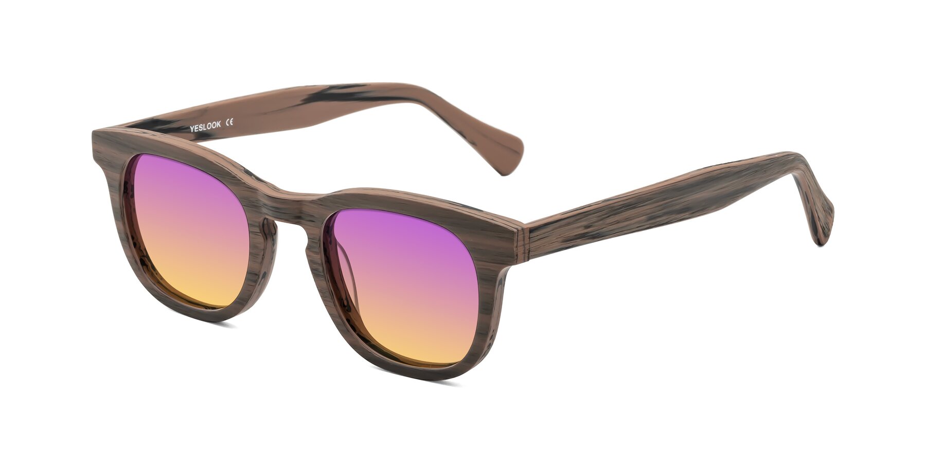 Angle of Tonia in Burnt Tan Woodgrain with Purple / Yellow Gradient Lenses