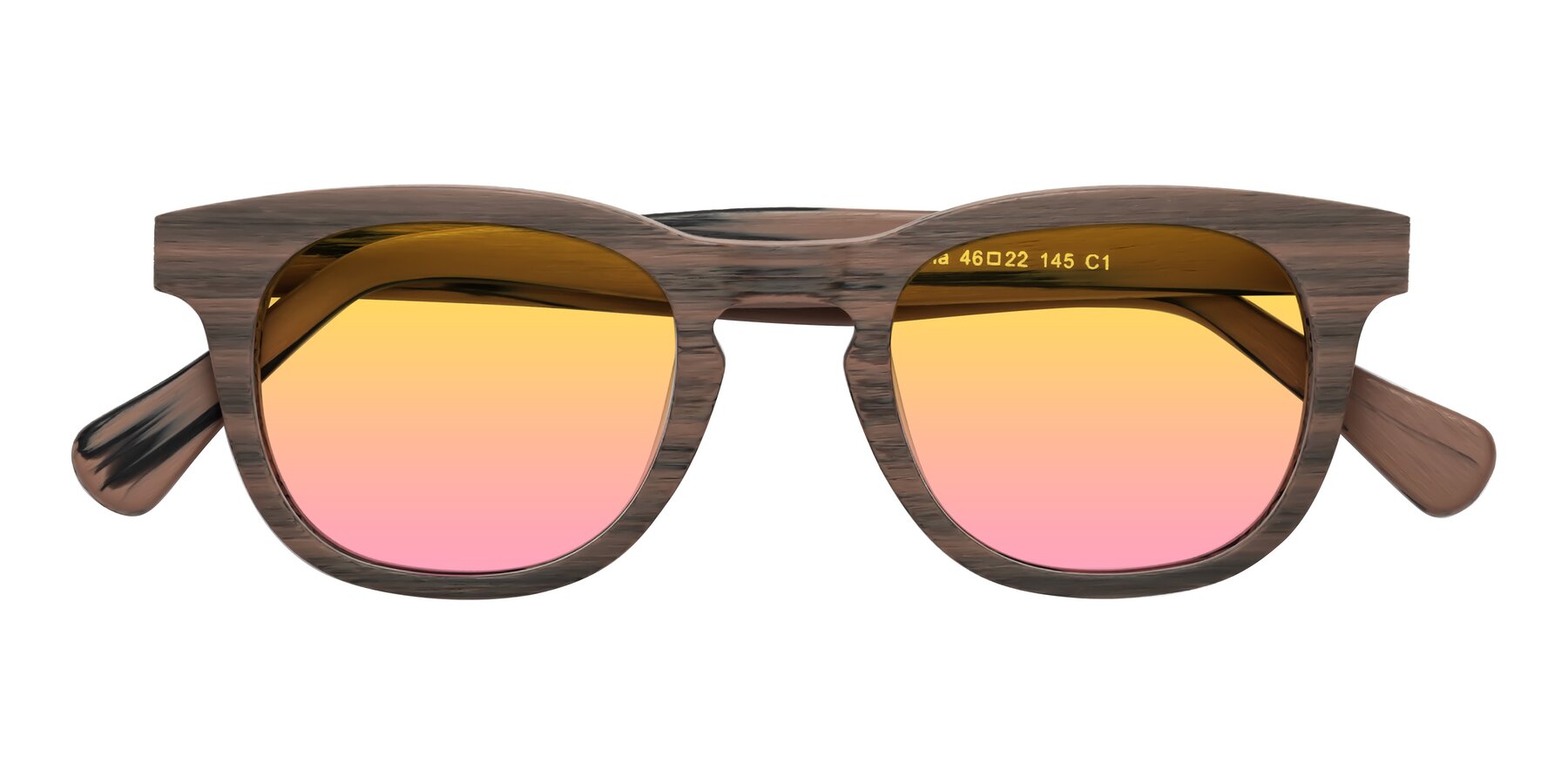 Folded Front of Tonia in Burnt Tan Woodgrain with Yellow / Pink Gradient Lenses