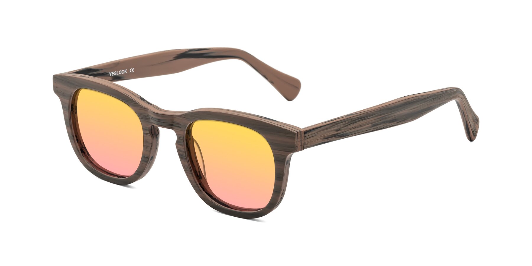 Angle of Tonia in Burnt Tan Woodgrain with Yellow / Pink Gradient Lenses