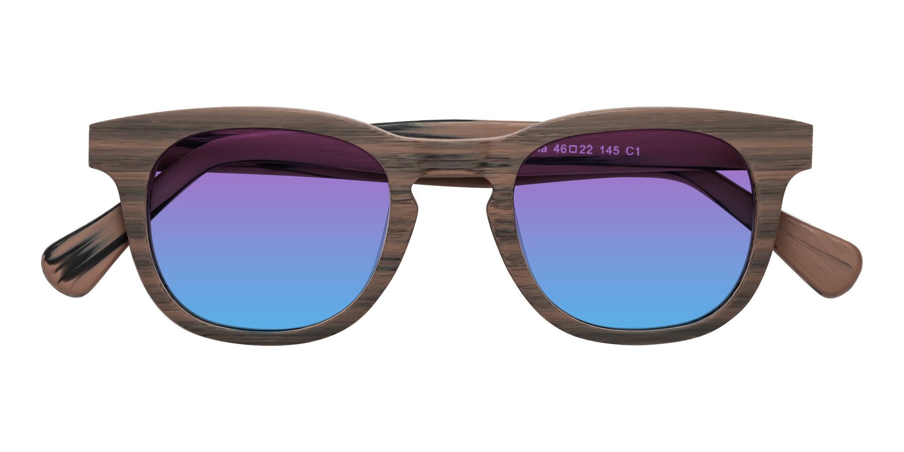 Folded Front of Tonia in Burnt Tan Woodgrain with Purple / Blue Gradient Lenses