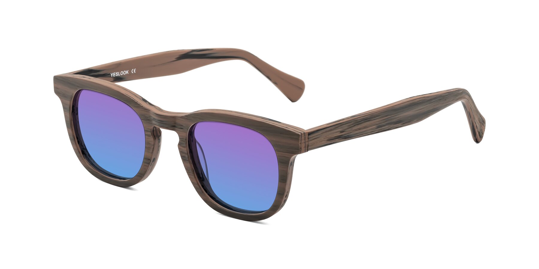 Angle of Tonia in Burnt Tan Woodgrain with Purple / Blue Gradient Lenses