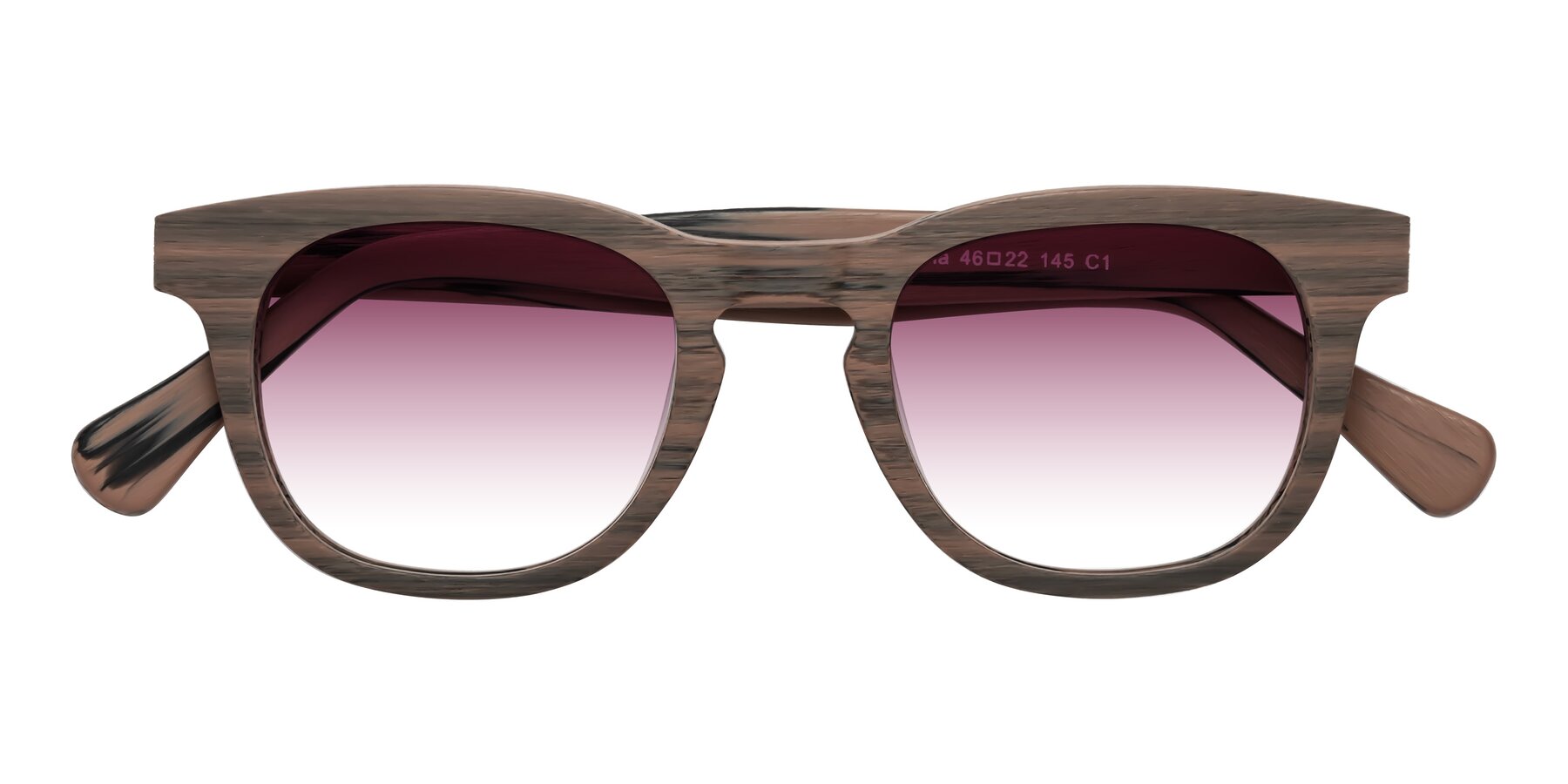 Folded Front of Tonia in Burnt Tan Woodgrain with Wine Gradient Lenses