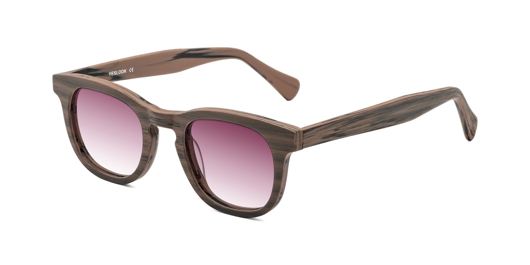 Angle of Tonia in Burnt Tan Woodgrain with Wine Gradient Lenses