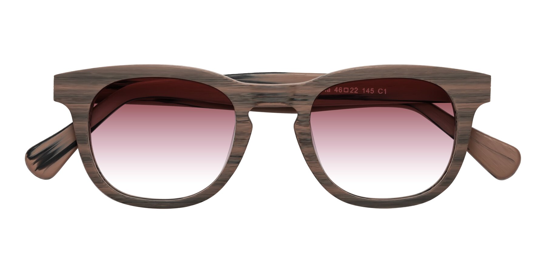 Folded Front of Tonia in Burnt Tan Woodgrain with Garnet Gradient Lenses