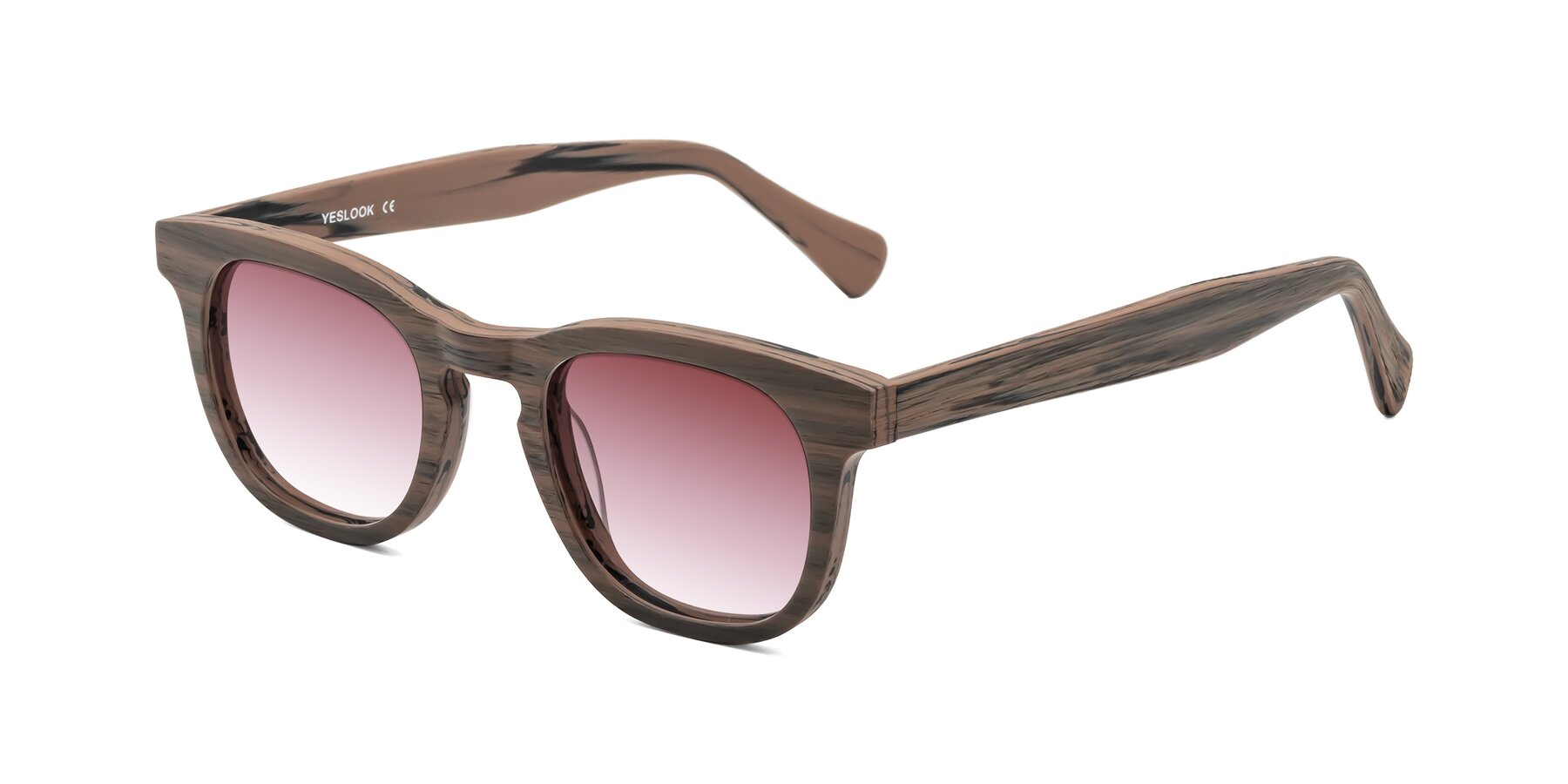 Angle of Tonia in Burnt Tan Woodgrain with Garnet Gradient Lenses