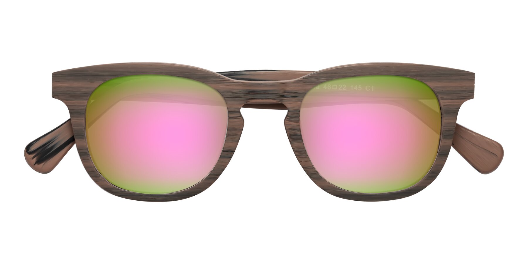 Folded Front of Tonia in Burnt Tan Woodgrain with Pink Mirrored Lenses