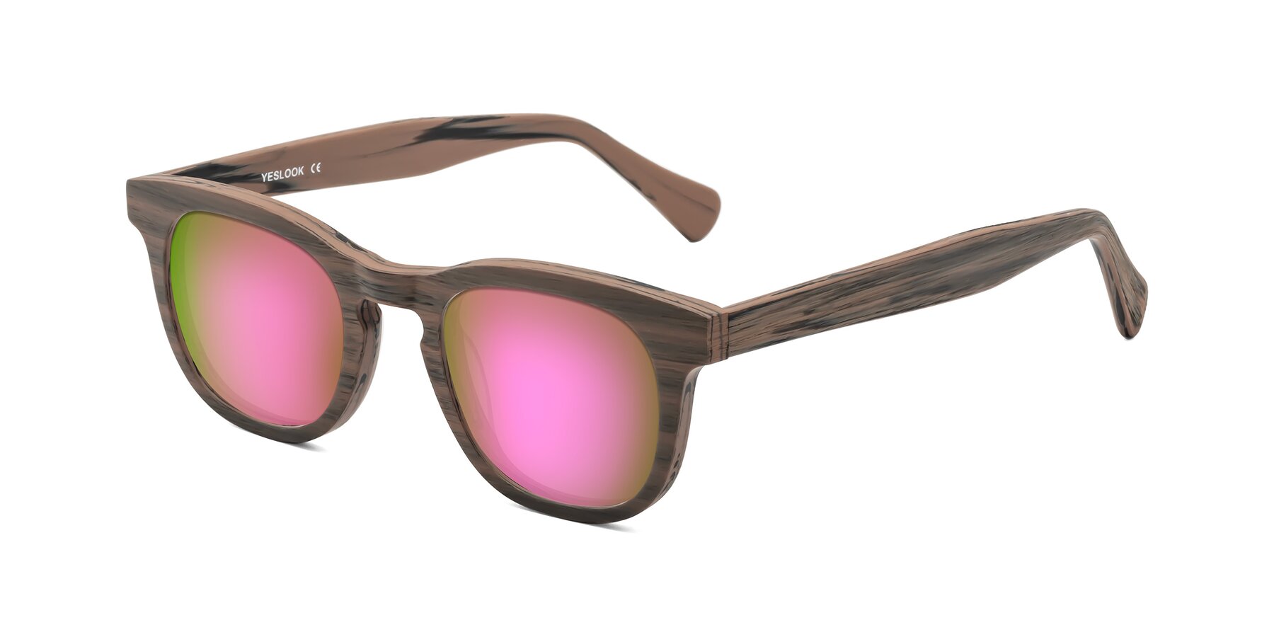 Angle of Tonia in Burnt Tan Woodgrain with Pink Mirrored Lenses