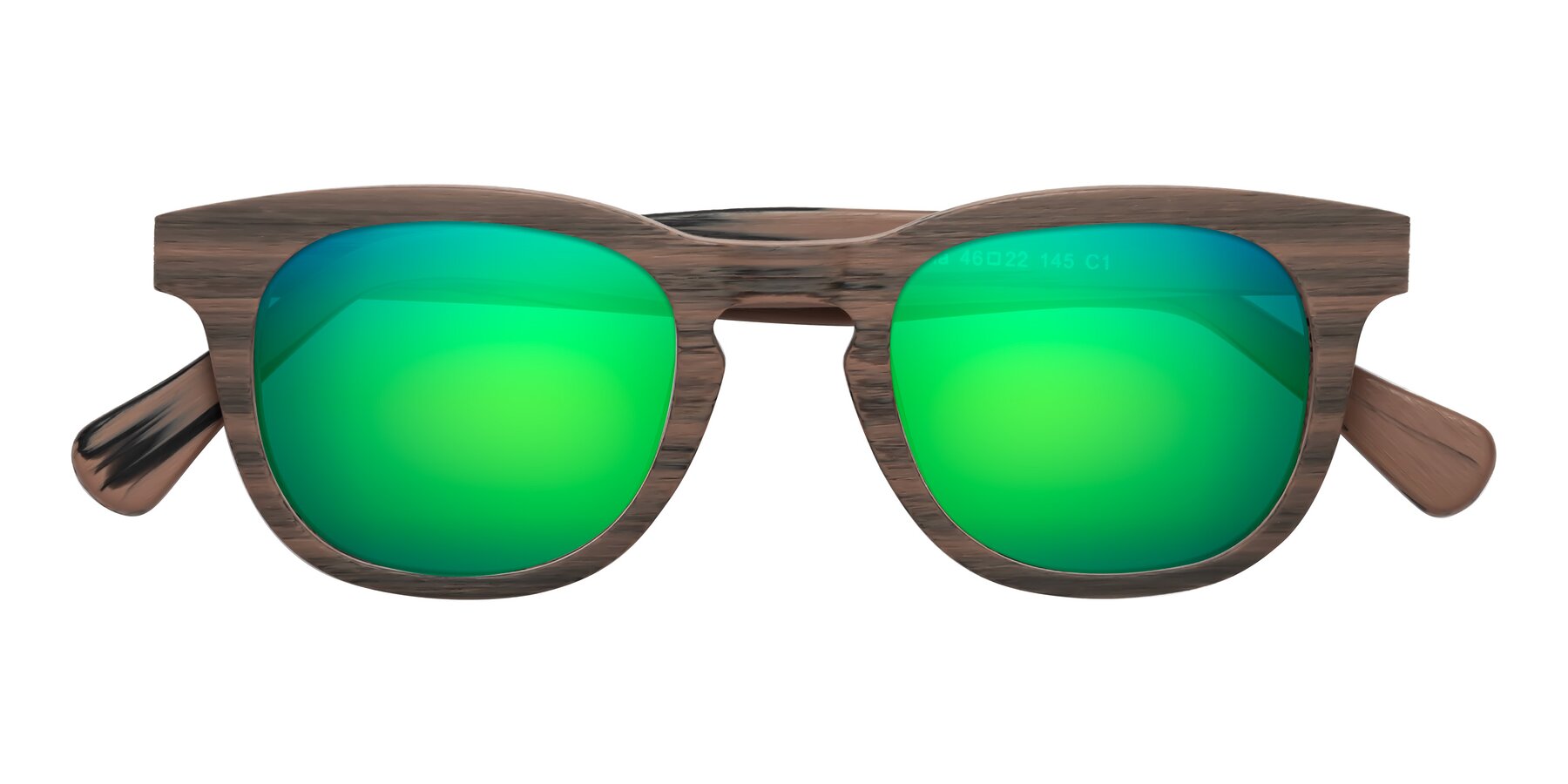 Folded Front of Tonia in Burnt Tan Woodgrain with Green Mirrored Lenses