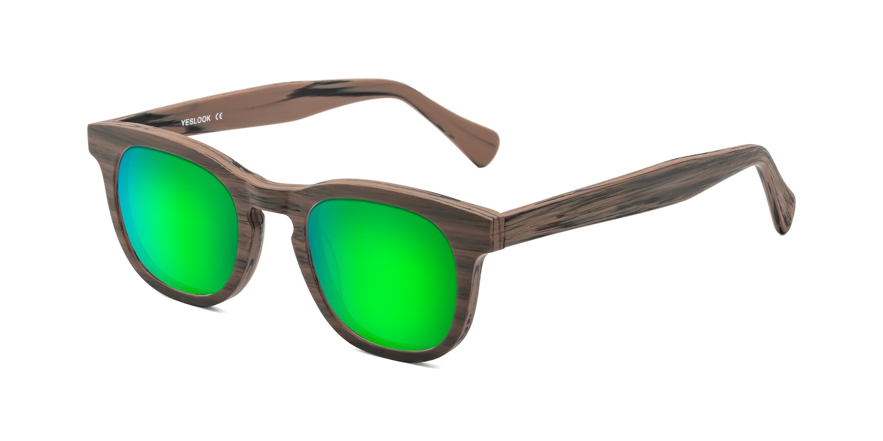 Angle of Tonia in Burnt Tan Woodgrain with Green Mirrored Lenses