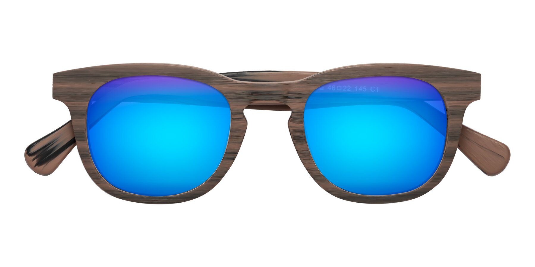 Folded Front of Tonia in Burnt Tan Woodgrain with Blue Mirrored Lenses