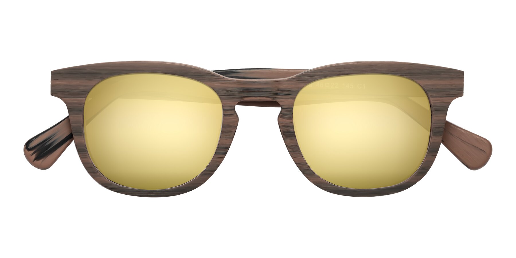 Folded Front of Tonia in Burnt Tan Woodgrain with Gold Mirrored Lenses